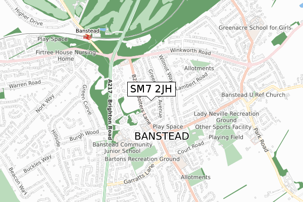 SM7 2JH map - small scale - OS Open Zoomstack (Ordnance Survey)