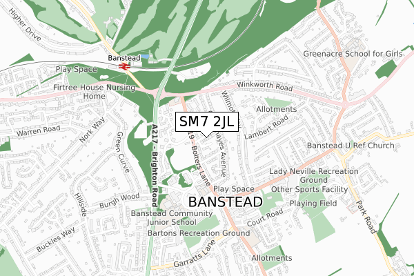 SM7 2JL map - small scale - OS Open Zoomstack (Ordnance Survey)