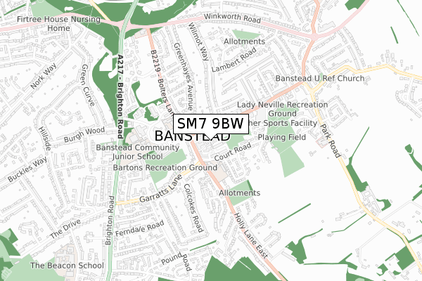 SM7 9BW map - small scale - OS Open Zoomstack (Ordnance Survey)