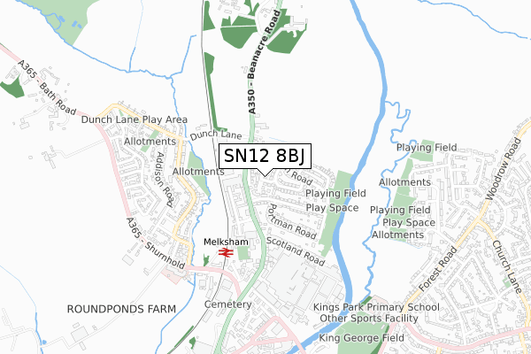 SN12 8BJ map - small scale - OS Open Zoomstack (Ordnance Survey)