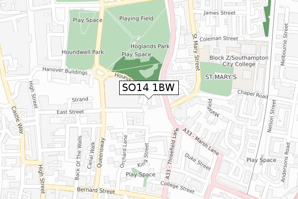 SO14 1BW map - large scale - OS Open Zoomstack (Ordnance Survey)