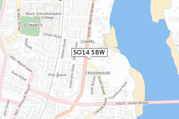 SO14 5BW map - large scale - OS Open Zoomstack (Ordnance Survey)