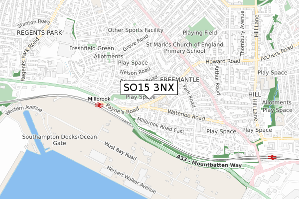 SO15 3NX map - small scale - OS Open Zoomstack (Ordnance Survey)