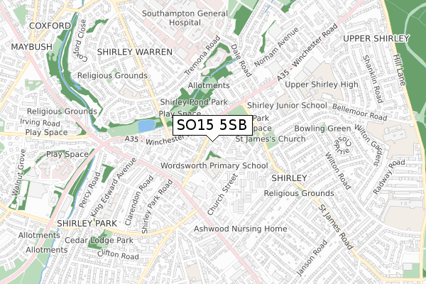 SO15 5SB map - small scale - OS Open Zoomstack (Ordnance Survey)