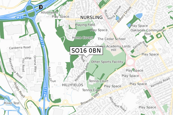 SO16 0BN map - small scale - OS Open Zoomstack (Ordnance Survey)