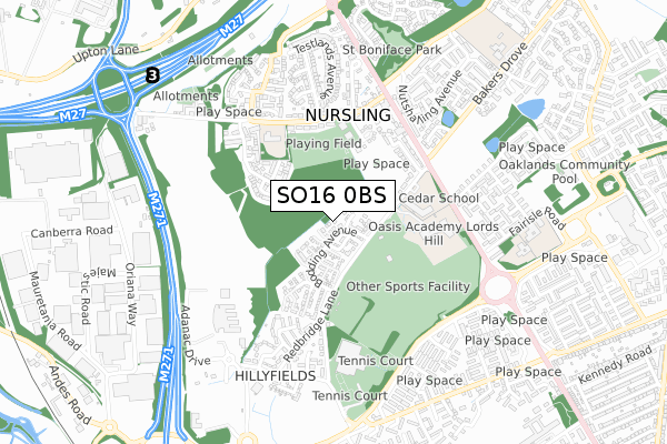 SO16 0BS map - small scale - OS Open Zoomstack (Ordnance Survey)