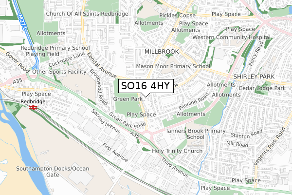 SO16 4HY map - small scale - OS Open Zoomstack (Ordnance Survey)