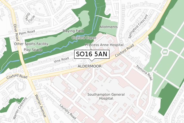 SO16 5AN map - large scale - OS Open Zoomstack (Ordnance Survey)