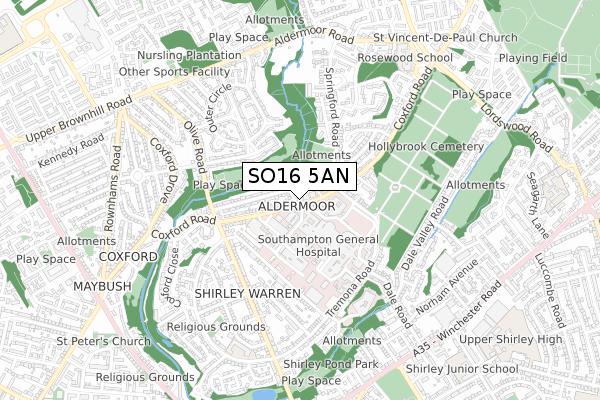 SO16 5AN map - small scale - OS Open Zoomstack (Ordnance Survey)