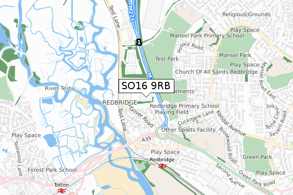 SO16 9RB map - small scale - OS Open Zoomstack (Ordnance Survey)