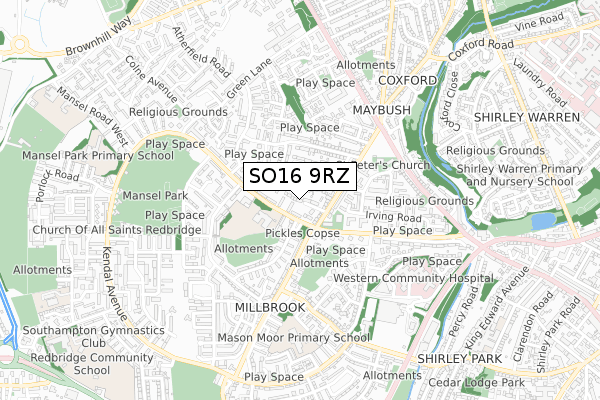 SO16 9RZ map - small scale - OS Open Zoomstack (Ordnance Survey)