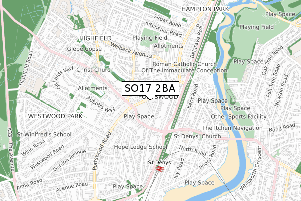 SO17 2BA map - small scale - OS Open Zoomstack (Ordnance Survey)