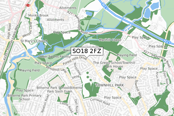 SO18 2FZ map - small scale - OS Open Zoomstack (Ordnance Survey)