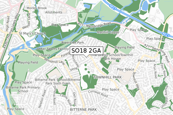 SO18 2GA map - small scale - OS Open Zoomstack (Ordnance Survey)