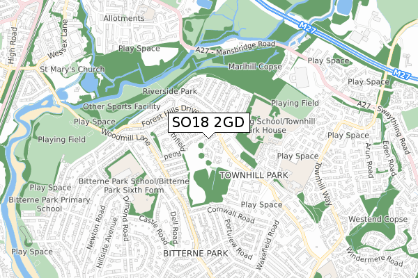 SO18 2GD map - small scale - OS Open Zoomstack (Ordnance Survey)