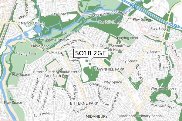 SO18 2GE map - small scale - OS Open Zoomstack (Ordnance Survey)