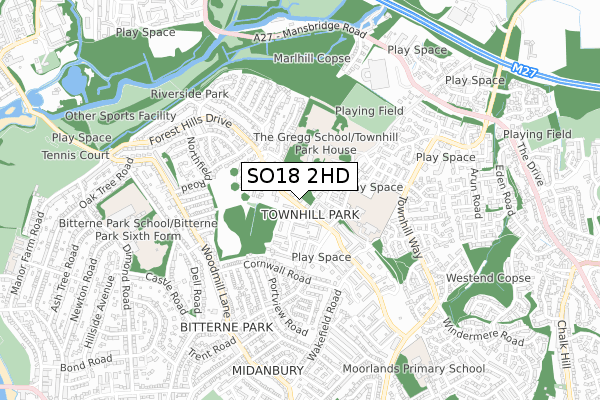 SO18 2HD map - small scale - OS Open Zoomstack (Ordnance Survey)