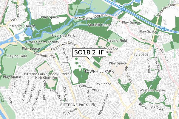 SO18 2HF map - small scale - OS Open Zoomstack (Ordnance Survey)