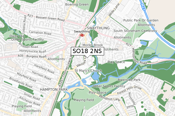 SO18 2NS map - small scale - OS Open Zoomstack (Ordnance Survey)