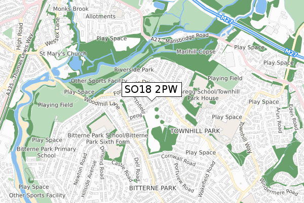 SO18 2PW map - small scale - OS Open Zoomstack (Ordnance Survey)