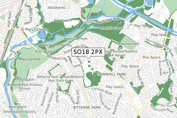 SO18 2PX map - small scale - OS Open Zoomstack (Ordnance Survey)