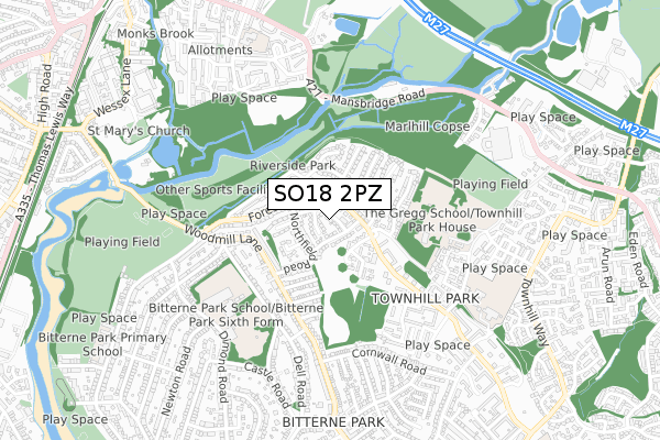 SO18 2PZ map - small scale - OS Open Zoomstack (Ordnance Survey)