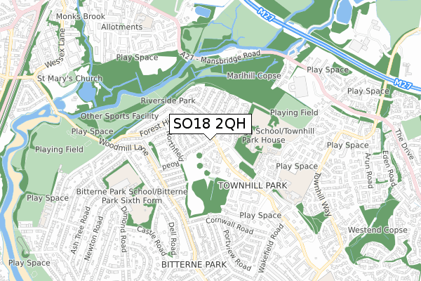 SO18 2QH map - small scale - OS Open Zoomstack (Ordnance Survey)