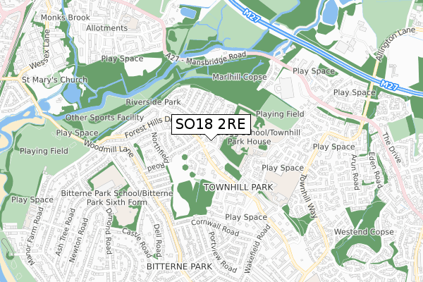 SO18 2RE map - small scale - OS Open Zoomstack (Ordnance Survey)