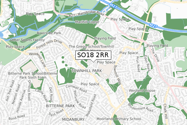 SO18 2RR map - small scale - OS Open Zoomstack (Ordnance Survey)