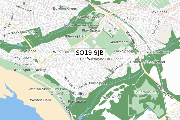 SO19 9JB map - small scale - OS Open Zoomstack (Ordnance Survey)