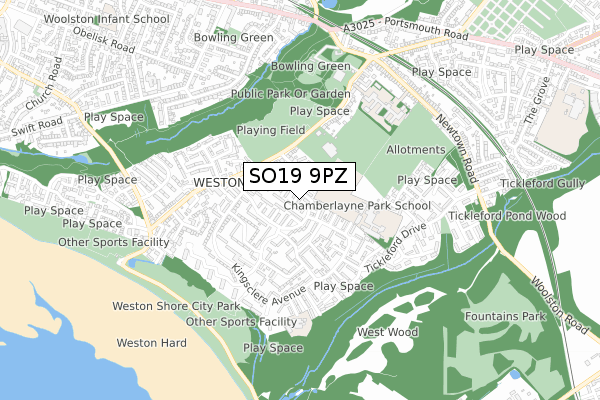 SO19 9PZ map - small scale - OS Open Zoomstack (Ordnance Survey)