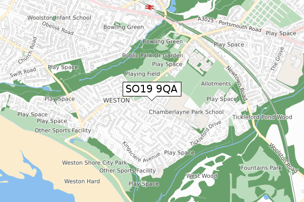 SO19 9QA map - small scale - OS Open Zoomstack (Ordnance Survey)