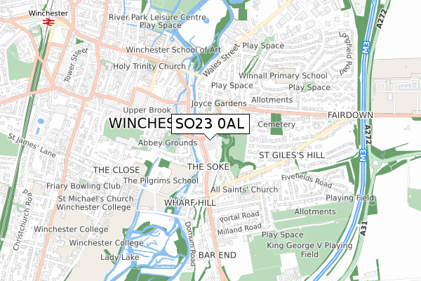 SO23 0AL map - small scale - OS Open Zoomstack (Ordnance Survey)