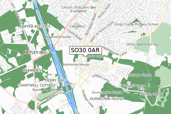 SO30 0AR map - small scale - OS Open Zoomstack (Ordnance Survey)