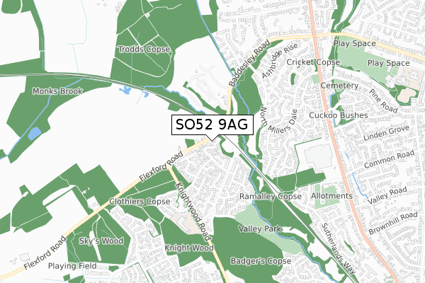 SO52 9AG map - small scale - OS Open Zoomstack (Ordnance Survey)