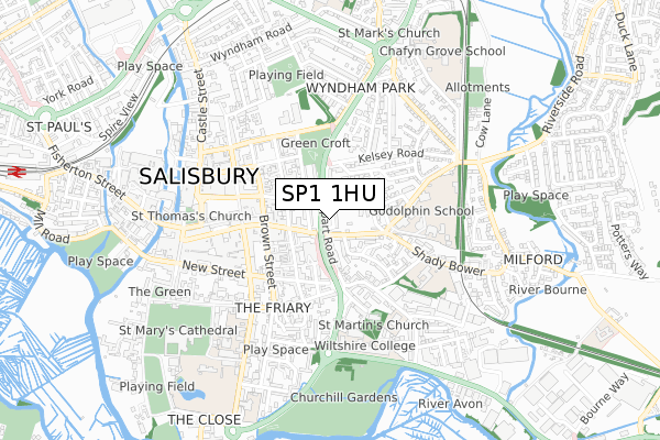 SP1 1HU map - small scale - OS Open Zoomstack (Ordnance Survey)