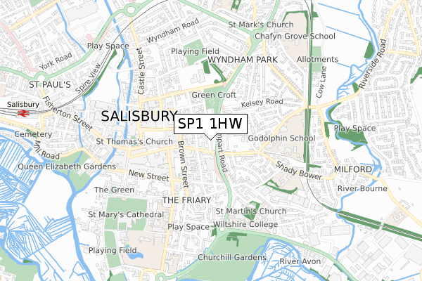 SP1 1HW map - small scale - OS Open Zoomstack (Ordnance Survey)