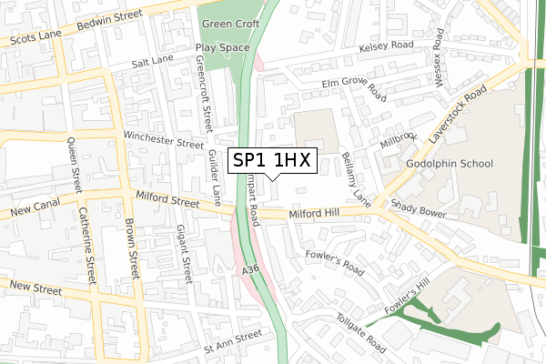 SP1 1HX map - large scale - OS Open Zoomstack (Ordnance Survey)