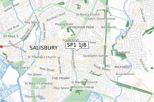 SP1 1JB map - small scale - OS Open Zoomstack (Ordnance Survey)