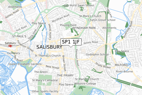 SP1 1JF map - small scale - OS Open Zoomstack (Ordnance Survey)