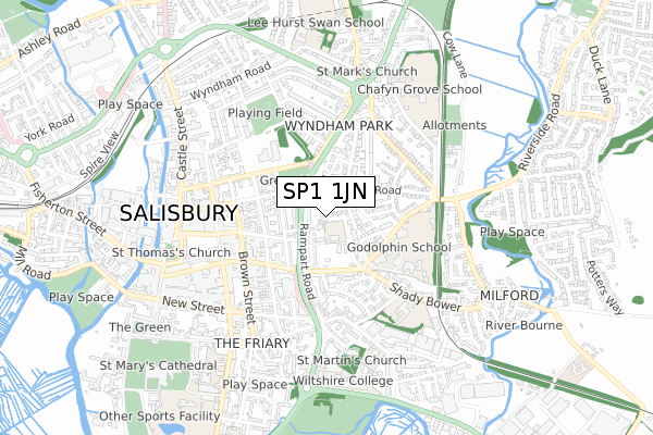 SP1 1JN map - small scale - OS Open Zoomstack (Ordnance Survey)