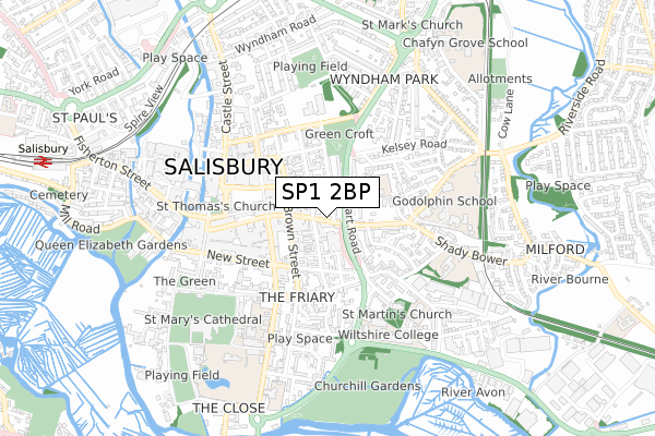 SP1 2BP map - small scale - OS Open Zoomstack (Ordnance Survey)