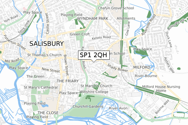 SP1 2QH map - small scale - OS Open Zoomstack (Ordnance Survey)