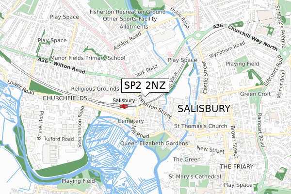 SP2 2NZ map - small scale - OS Open Zoomstack (Ordnance Survey)