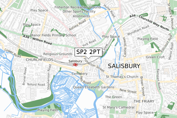 SP2 2PT map - small scale - OS Open Zoomstack (Ordnance Survey)