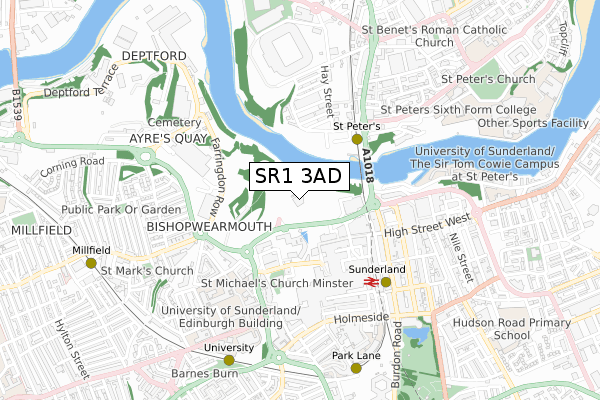 SR1 3AD map - small scale - OS Open Zoomstack (Ordnance Survey)