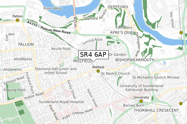 SR4 6AP map - small scale - OS Open Zoomstack (Ordnance Survey)