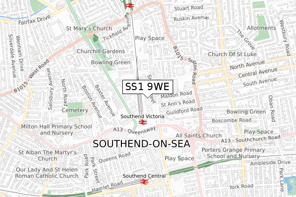 SS1 9WE map - small scale - OS Open Zoomstack (Ordnance Survey)