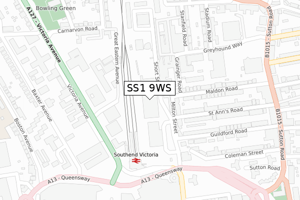 SS1 9WS map - large scale - OS Open Zoomstack (Ordnance Survey)