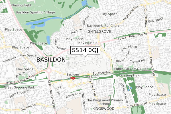 SS14 0QJ map - small scale - OS Open Zoomstack (Ordnance Survey)